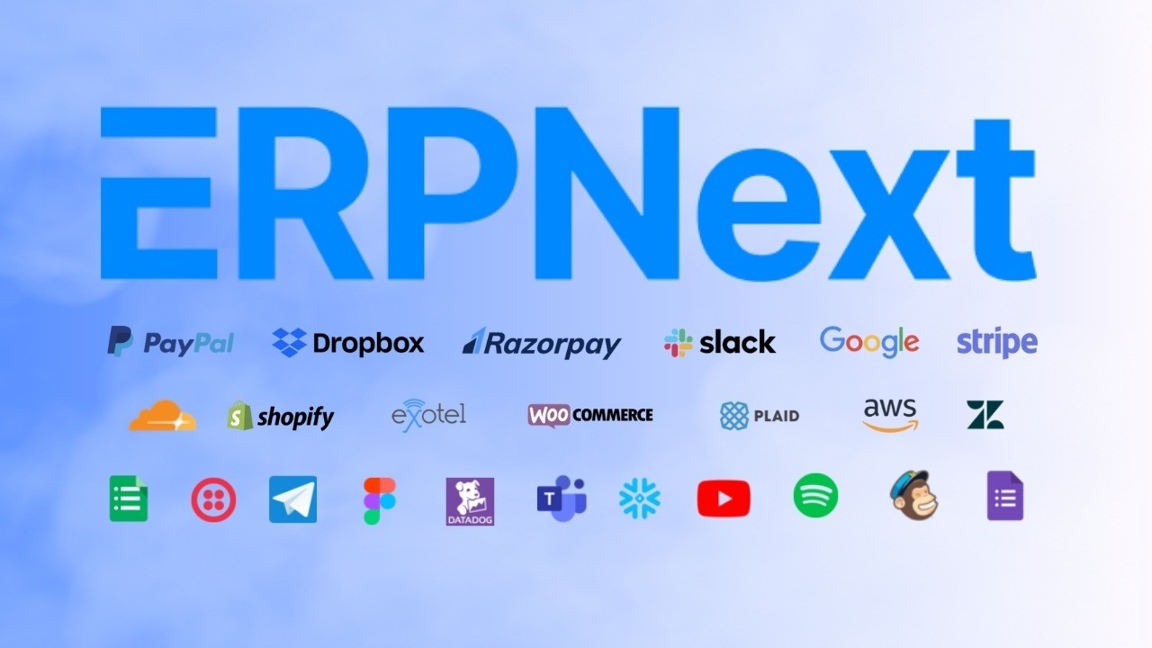 ERPNext connected to business tools including PayPal, Slack, Shopify, Google, Stripe and more